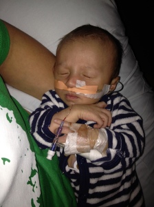 Little man with his NG tube. If you look close you can see where he pulled out his IV